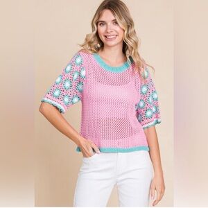 Pink and Teal Crochet Knit Top